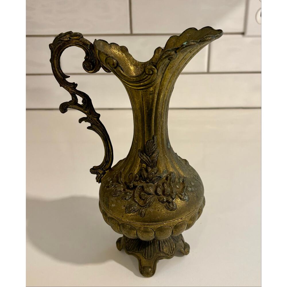 Vintage Brass Footed Pitcher Vase with Floral Accents made in Italy